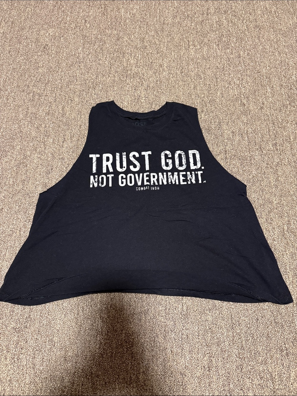 Black Crop Muscle Tank with 'Trust God. Not Government.' Graphic